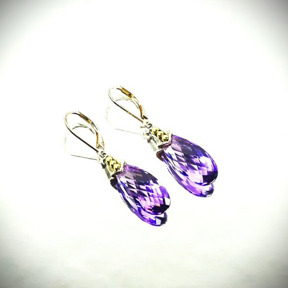 LAGOS Sterling Silver 18K Gold Prism Amethyst 20mmx9mm Teardrop Earrings - Picture 1 of 10